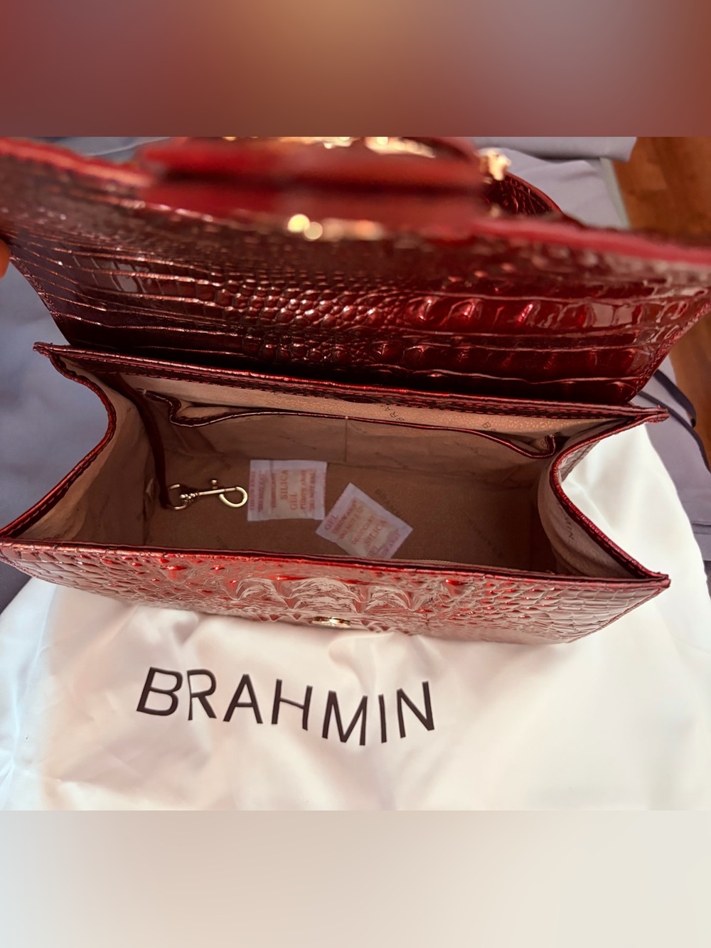 Brahmin Red Croc-Embossed Satchel with Swarovski Wreath Buckle, and Bird Charm - Picture 11 of 12
